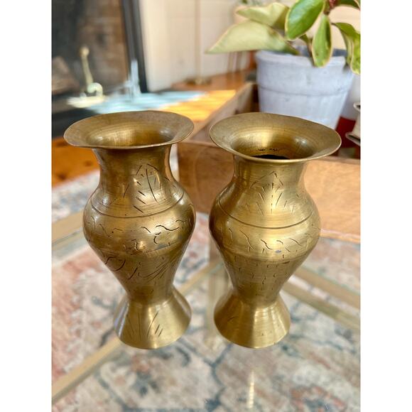 Vintage Brass Vases, Gold Vase, Bohemian, Etched Bud Vases, Wildflower Vases - Picture 4 of 10